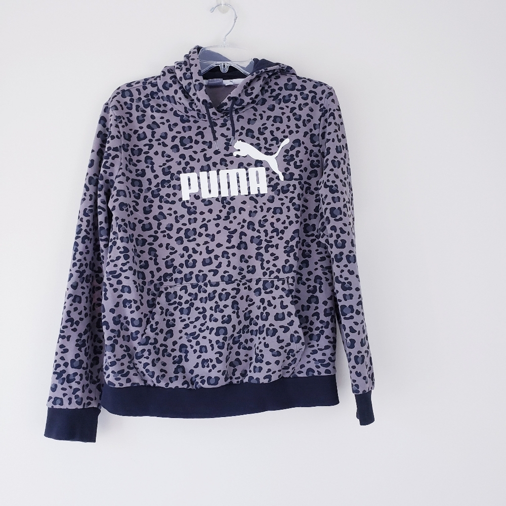 Puma Essentials+ Gray Leopard Print Hoodie Sweatshirt Size Large